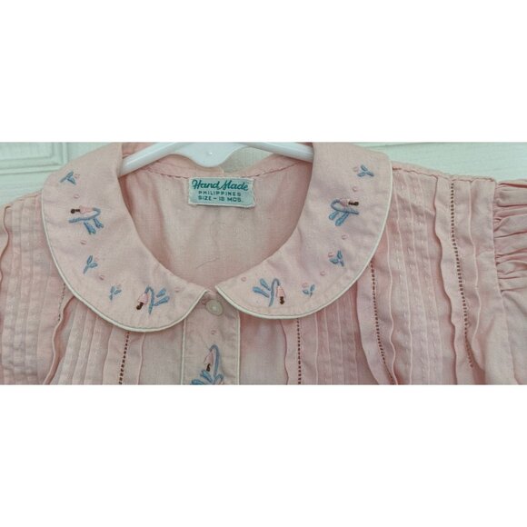 Vtg Pink Baby Dress 1950s Hand Made Philippines Size 18 Months Emboidered Flower - Picture 2 of 10